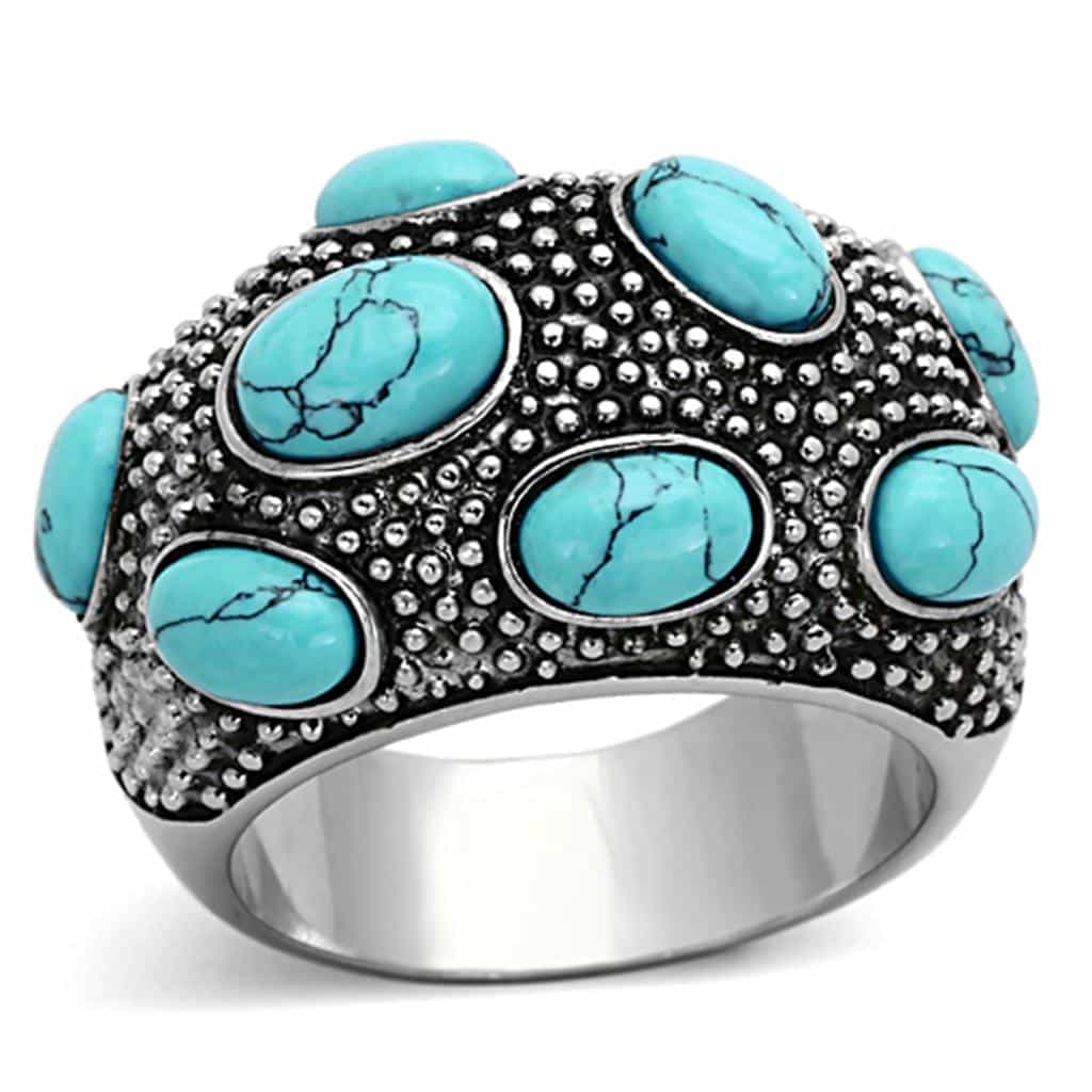 Stainless Steel Turquoise Cabochon Pave Cluster Dome Ring view 5