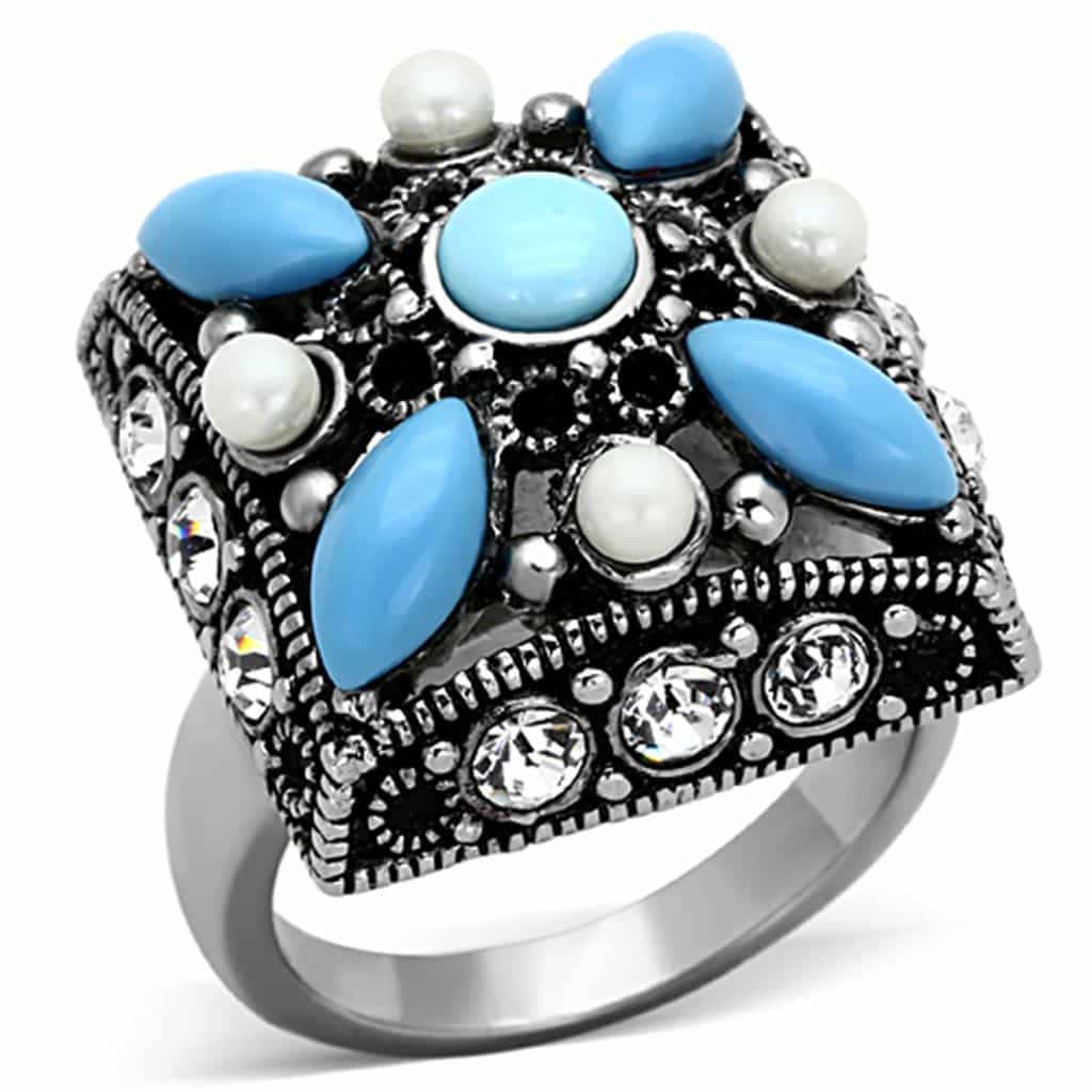 Stainless Steel Turquoise Marquise Pearl CZ Antiqued Ring view 1