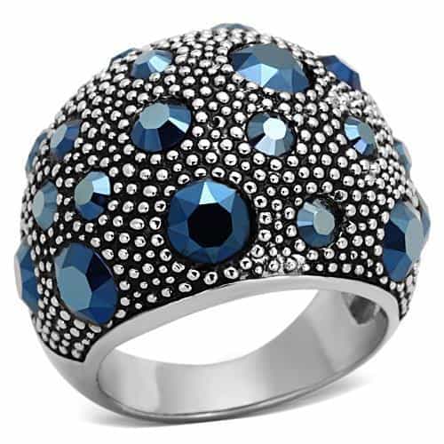 Stainless Steel Blue Crystal Pave Dome Ring view 1