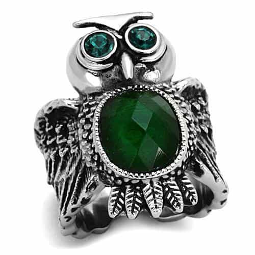 Stainless Steel Green Crystal Owl Statement Ring view 1