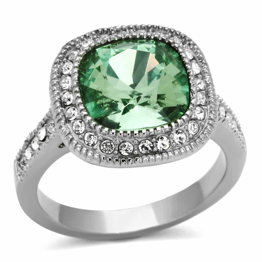 Stainless Steel Green Cushion Crystal CZ Halo Ring view 1