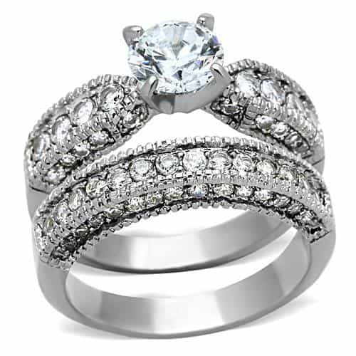 Stainless Steel CZ Round Solitaire Wide Pave Bridal Set Ring view 1