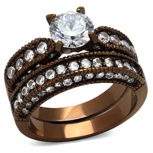 Stainless Steel Coffee Brown CZ Round Solitaire Pave Bridal Ring view 6