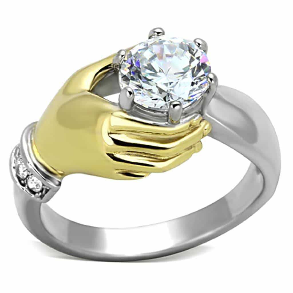 Stainless Steel Two Tone Gold CZ Solitaire Claddagh Hands Ring view 1
