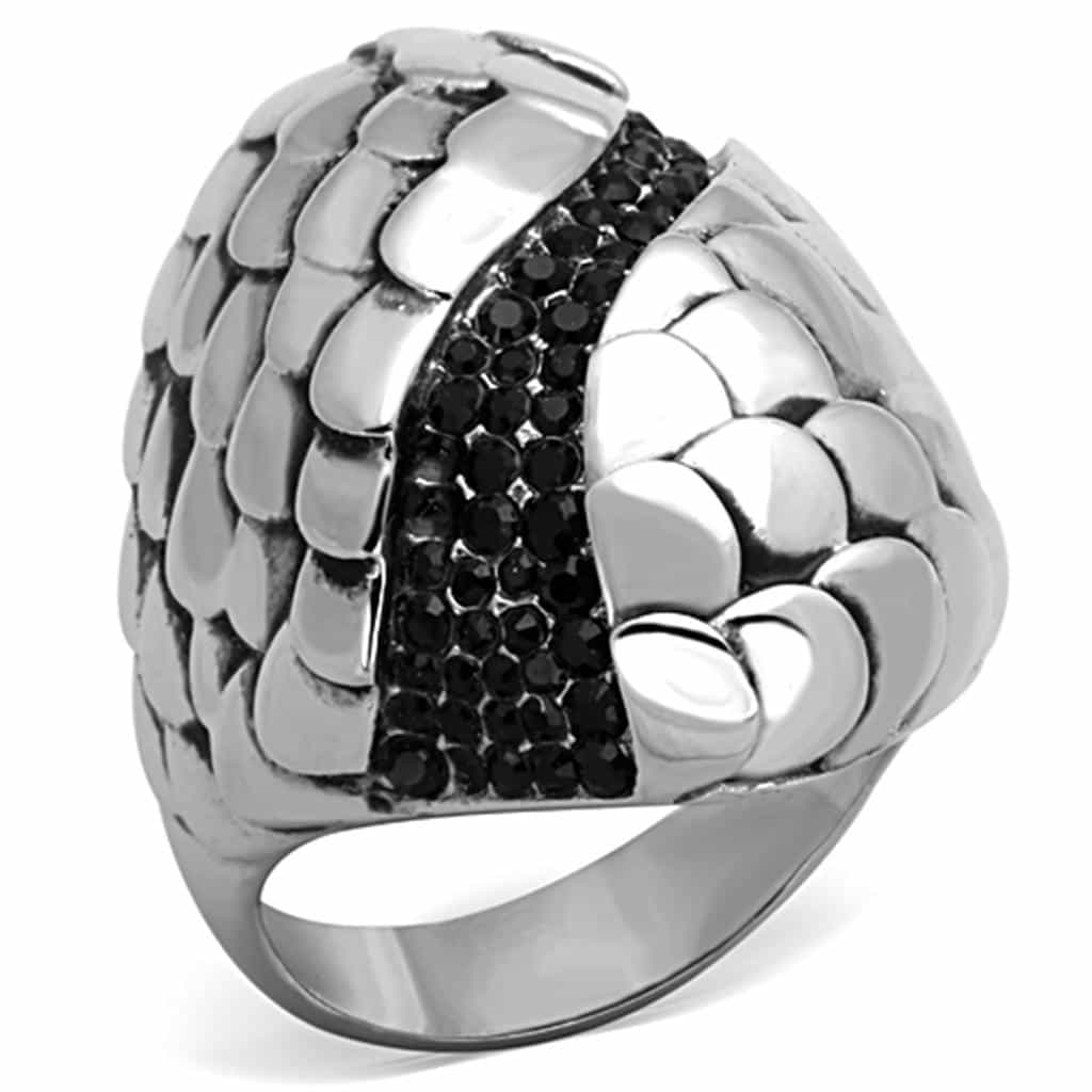 Stainless Steel Black CZ Scale Pave Angel Wing Dome Ring view 5