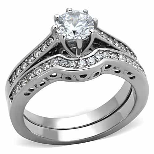 Stainless Steel CZ Round Solitaire Filigree Pave Bridal Set Ring view 5