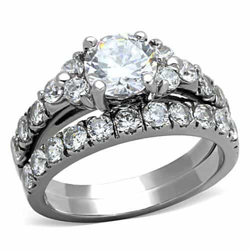 Stainless Steel CZ Round Cluster Channel Bridal Set Ring view 1