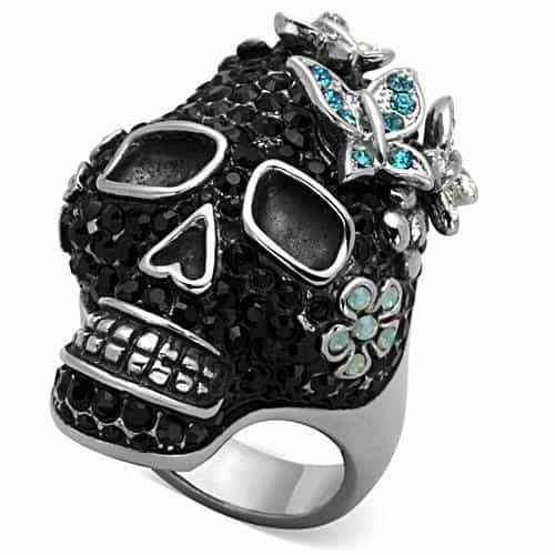 Stainless Steel Black Crystal Pave Skull Flower Crown Ring view 1