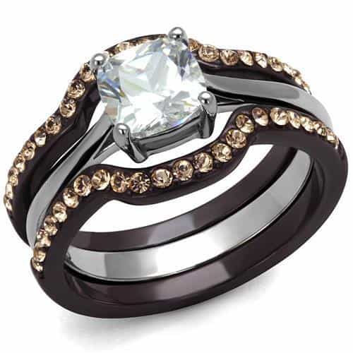 Stainless Steel Dark CZ Princess Halo Pave Bridal Set Ring view 1