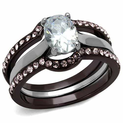 Stainless Steel Dark CZ Oval Solitaire Pave Channel Bridal Ring view 1