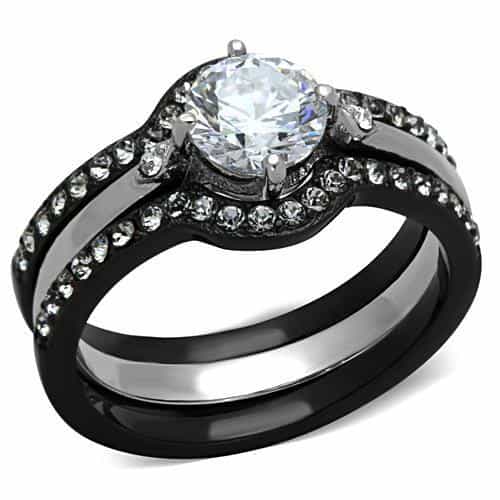 Stainless Steel Dark CZ Round Solitaire Channel Bridal Set Ring view 1