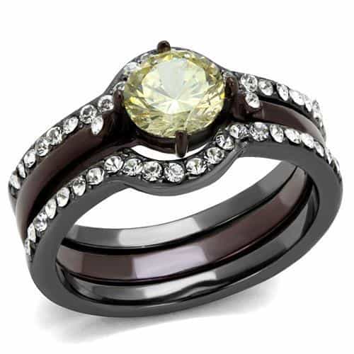 Stainless Steel Dark Champagne CZ Round Solitaire Pave Ring view 1