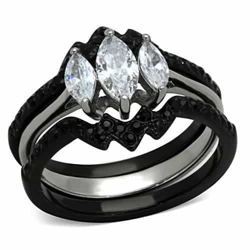 Stainless Steel Dark CZ Marquise Double Solitaire Bridal Set Ring view 1