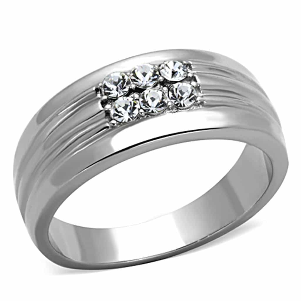 Stainless Steel CZ Channel Ribbed Wide Mens Band Ring view 5