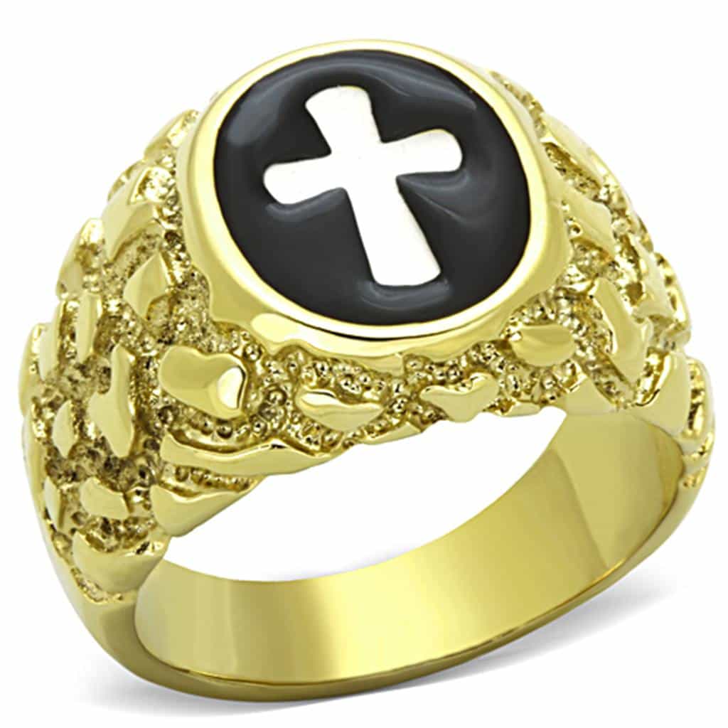 Stainless Steel Gold Black Enamel Cross Nugget Mens Signet Ring view 1