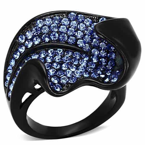 Stainless Steel Black IP Blue Crystal Pave Leaf Dome Ring view 1