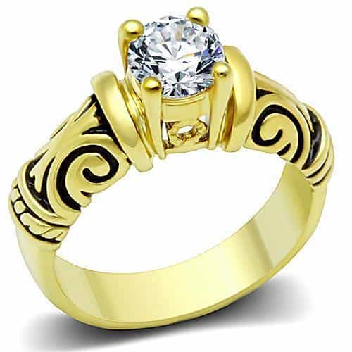 Stainless Steel Gold CZ Round Solitaire Scroll Ring view 5
