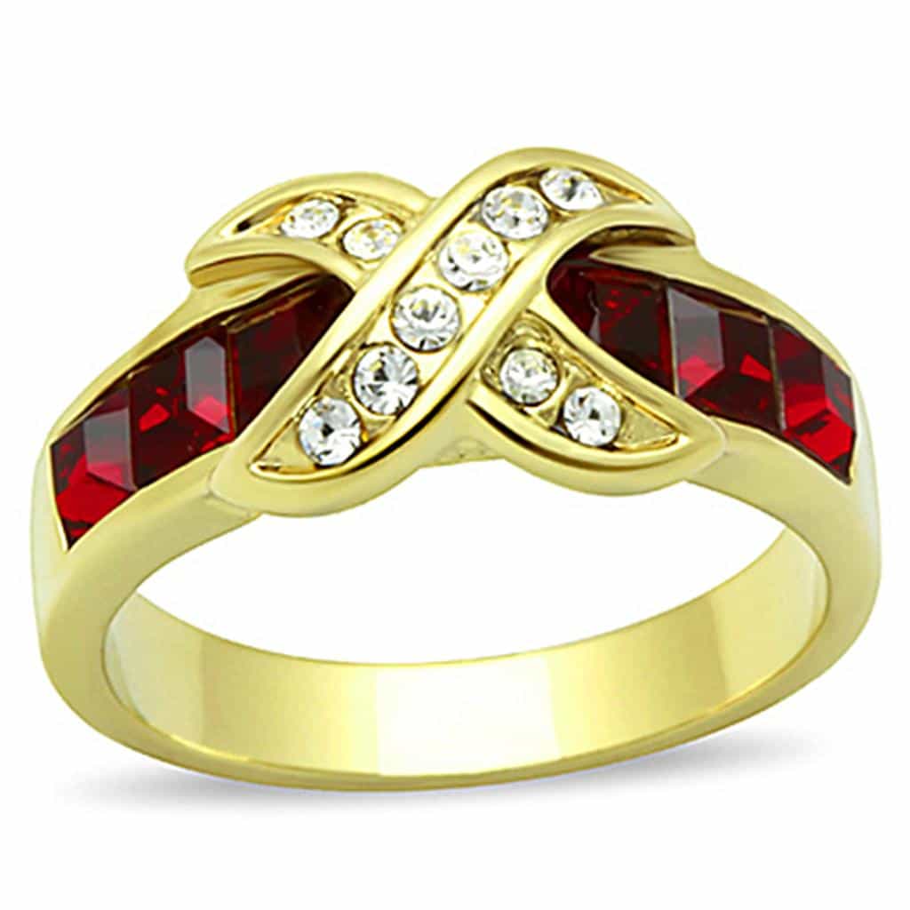 Stainless Steel Gold Red Crystal CZ Crossover X Ring view 1