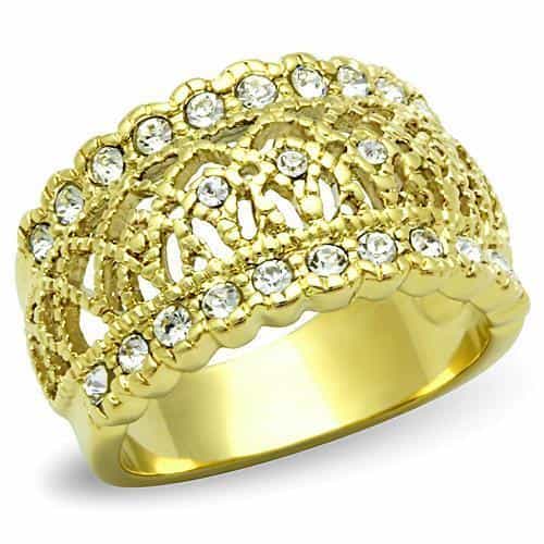 Stainless Steel Gold CZ Filigree Lattice Wide Dome Ring view 5