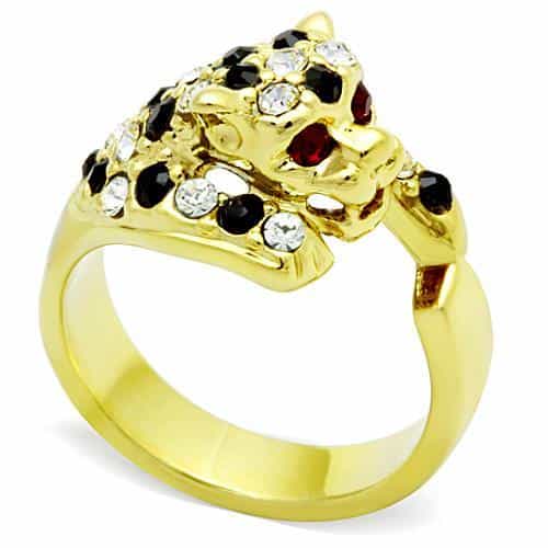 Stainless Steel Gold Crystal Leopard Head Ring view 6