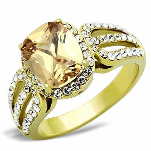Stainless Steel Gold Champagne Crystal Cushion CZ Swirl Ring view 1