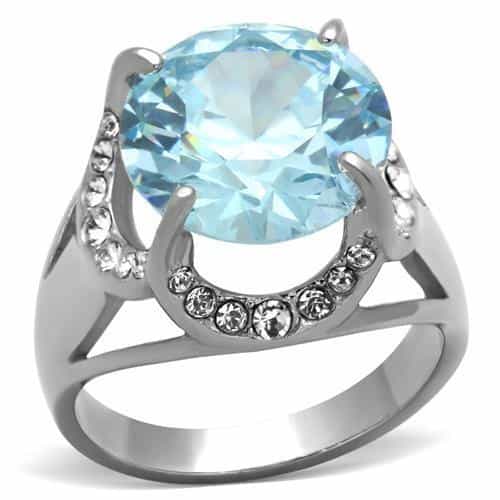 Stainless Steel CZ Aquamarine Round Halo Ring view 5