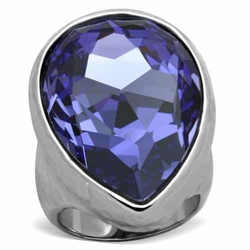 Stainless Steel Purple Pear Crystal Solitaire Ring view 5
