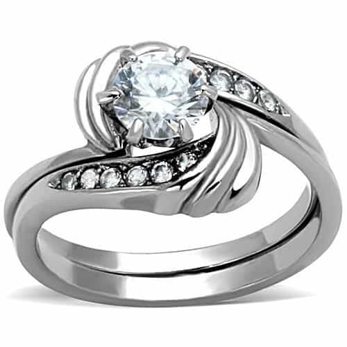 Stainless Steel CZ Round Solitaire Swirl Bypass Ring TK1429 view 1