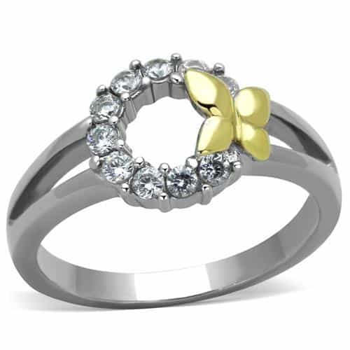 Stainless Steel CZ Circle Gold Butterfly Accent Ring view 1