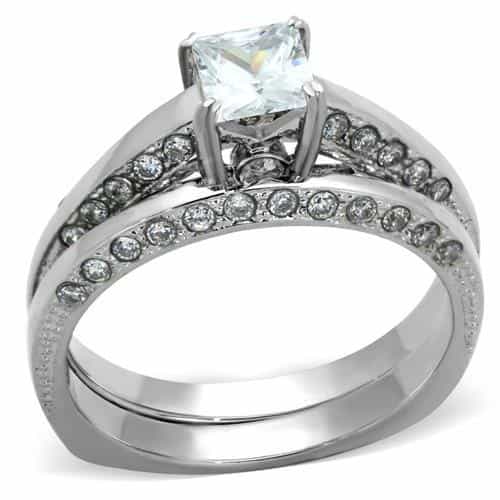 Stainless Steel CZ Princess Solitaire Channel Bridal Set Ring view 1