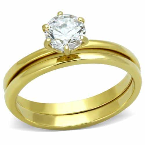 Stainless Steel Gold CZ Round Solitaire Bridal Set Ring TK1439 view 5