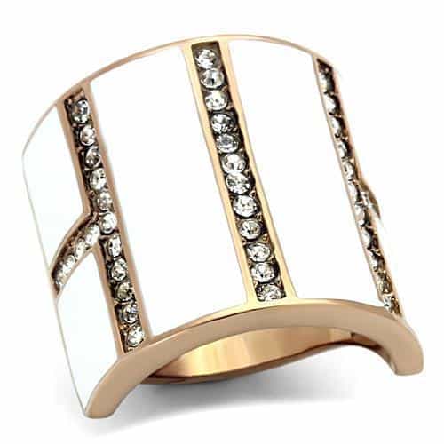 Stainless Steel Rose Gold White Enamel CZ Stripe Cuff Ring view 1