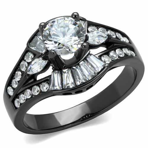 Stainless Steel Black IP CZ Round Baguette Fan Halo Ring view 5