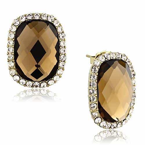 Stainless Steel Smoky Topaz Oval Crystal CZ Halo Stud Earrings view 1