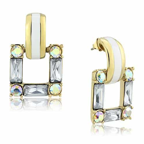 Stainless Steel Gold IP White Enamel AB Crystal Huggie Earrings view 1