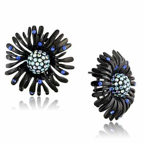 Stainless Steel Black Blue Crystal Starburst Earrings view 1