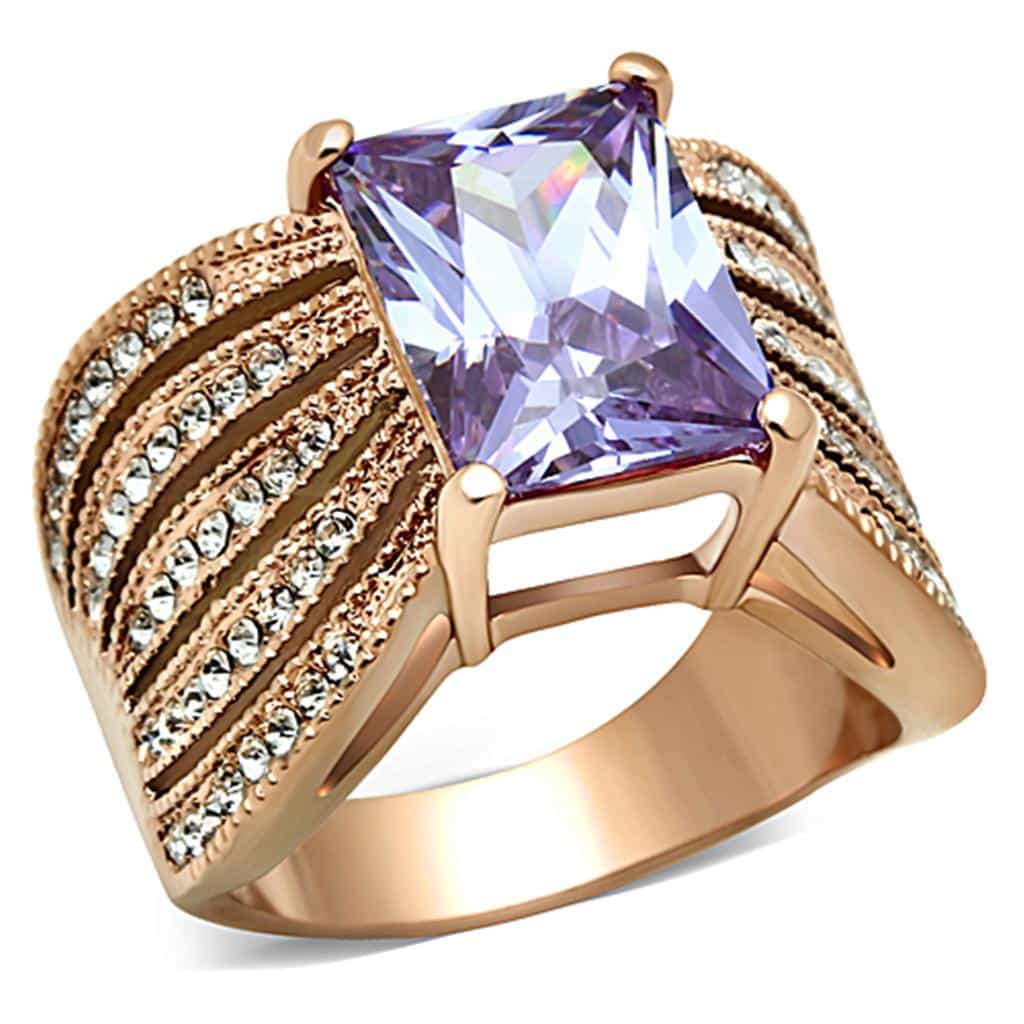 Stainless Steel Rose Gold Purple Princess Crystal CZ Chevron Ring view 1