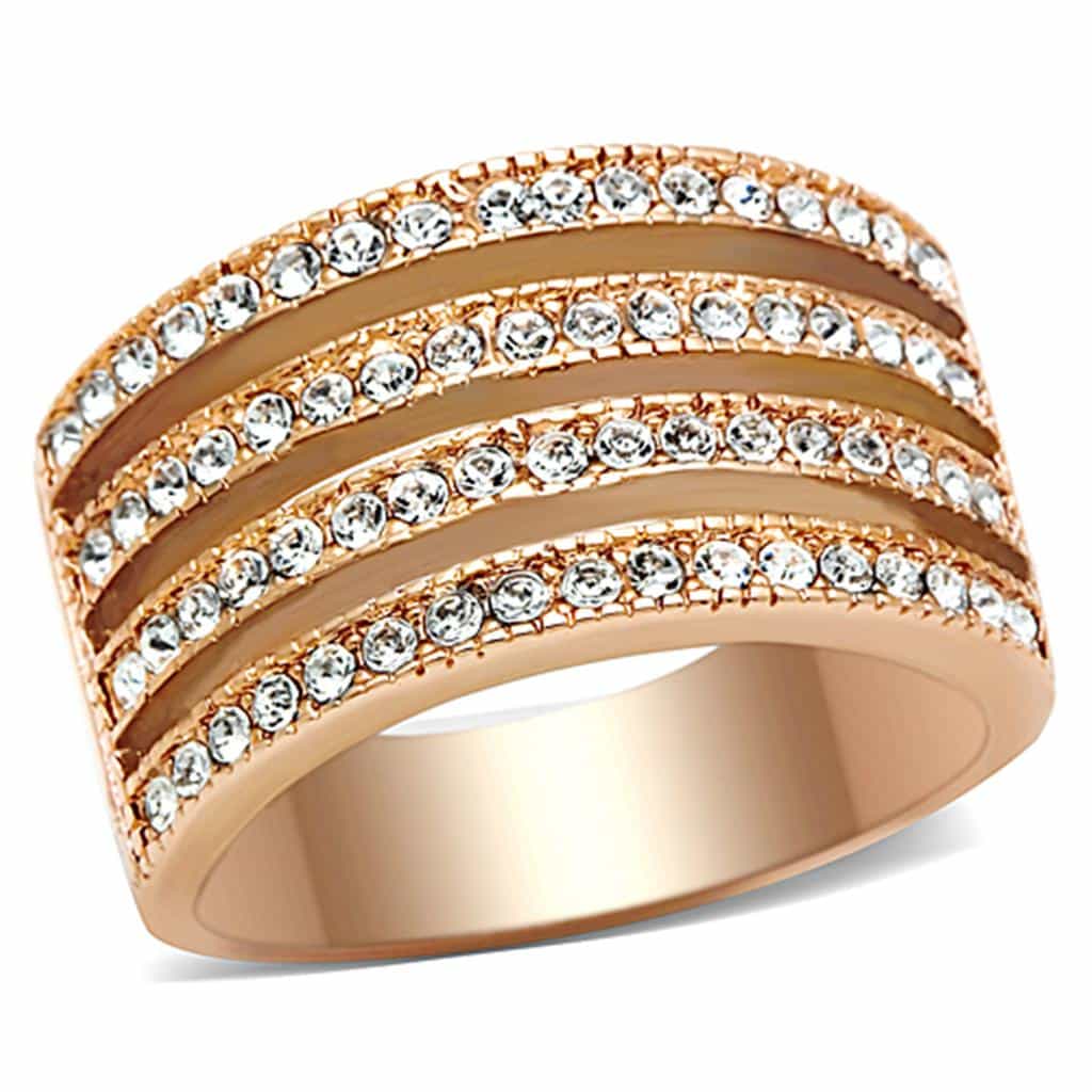 Stainless Steel Rose Gold CZ Pave Multi Row Wide Band Ring view 1