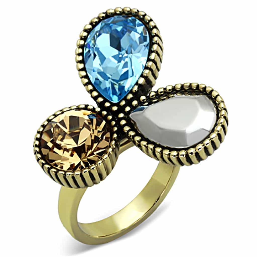 Stainless Steel Gold Blue Champagne Triple Pear Crystal Ring view 1