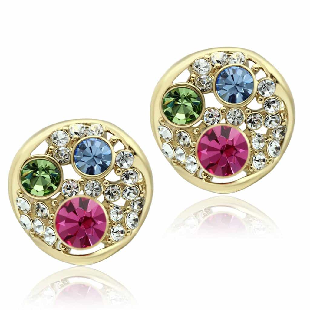 Stainless Steel Gold Multi Color Crystal Round Stud Earrings view 1