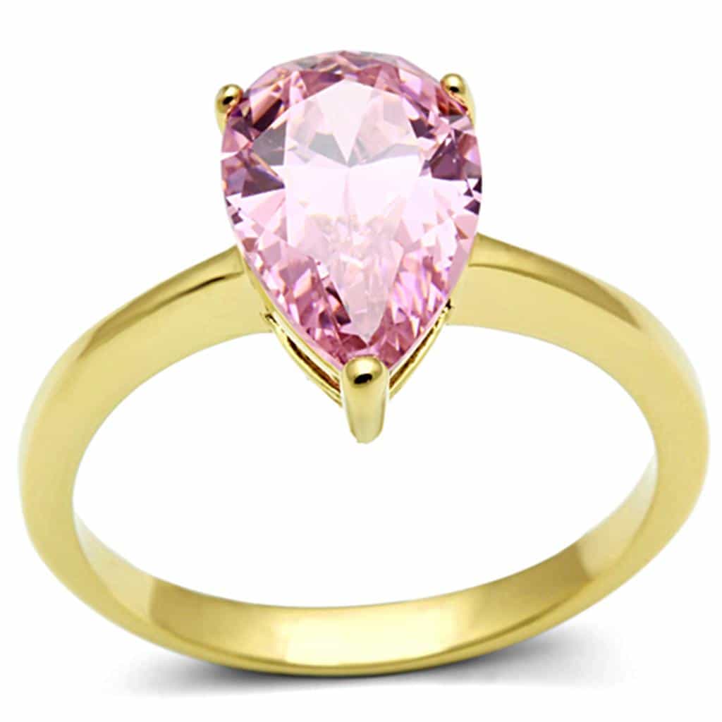 Stainless Steel Gold Pink Pear Crystal Solitaire Ring view 1