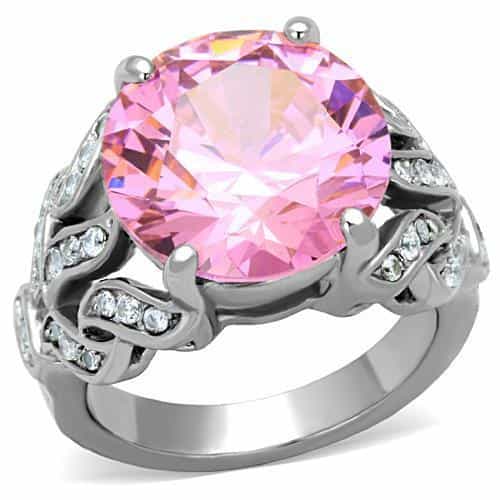Stainless Steel Pink Round Crystal CZ Ornate Cocktail Ring view 5