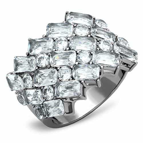 Stainless Steel CZ Baguette Round Cluster Wide Cocktail Ring view 1