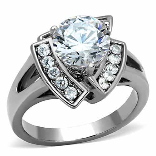 Stainless Steel CZ Round Solitaire Pave Shield Ring view 1