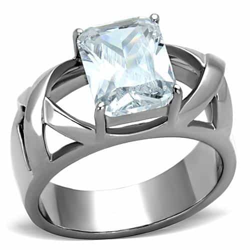 Stainless Steel CZ Emerald Cut Lattice Side Solitaire Ring view 1