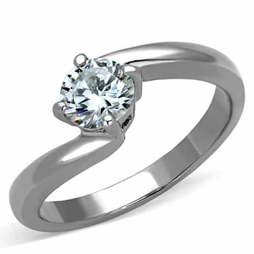 Stainless Steel CZ Round Solitaire Twisted Bypass Ring view 1