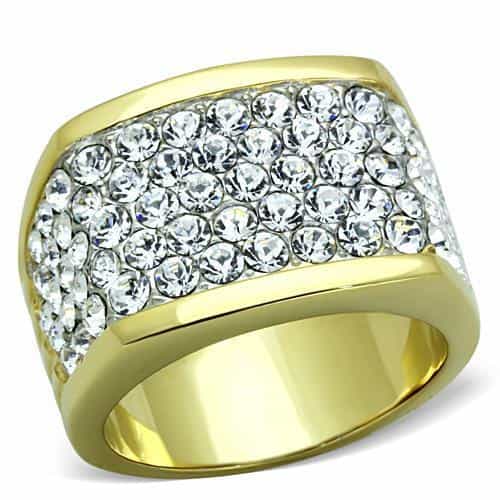 Stainless Steel Gold CZ Pave Wide Rectangular Dome Ring view 1