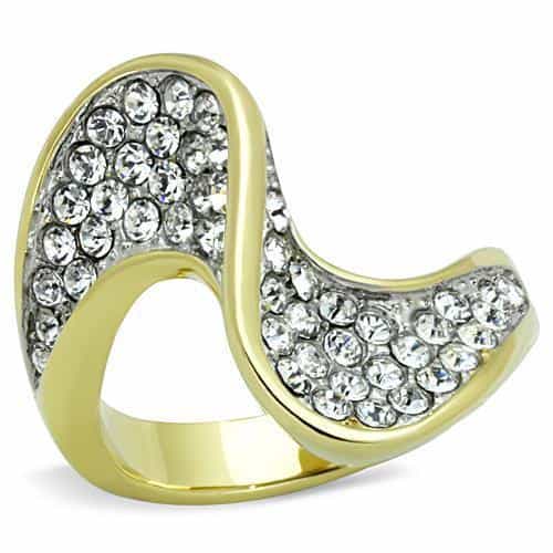 Stainless Steel Gold CZ Pave S Wave Bypass Cocktail Ring view 1