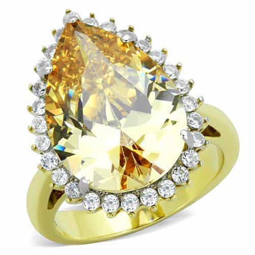 Stainless Steel Gold Champagne Pear Crystal CZ Double Halo Ring view 1