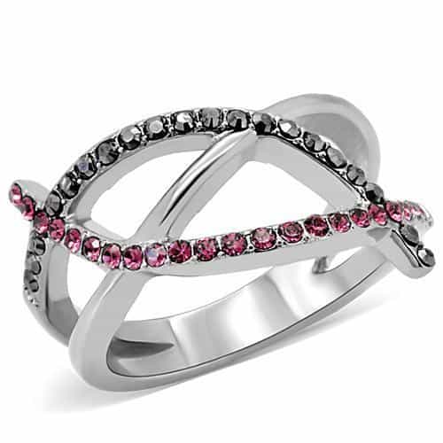 Stainless Steel Pink Black Crystal Double X Crossover Ring view 6